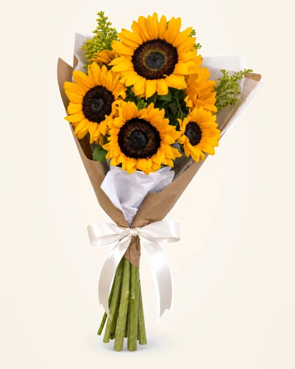 Ramo de 6 girasoles en papel kraft y lazo blanco