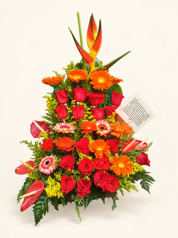 Caseta de flores con rosas rojas, gerberas de colores, anturios y heliconia. Sobre fondo crema.