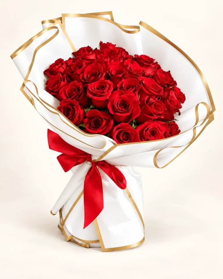 Bouquet de 24 rosas rojas en papel blanco con bordes dorados y lazo rojo en Pereira