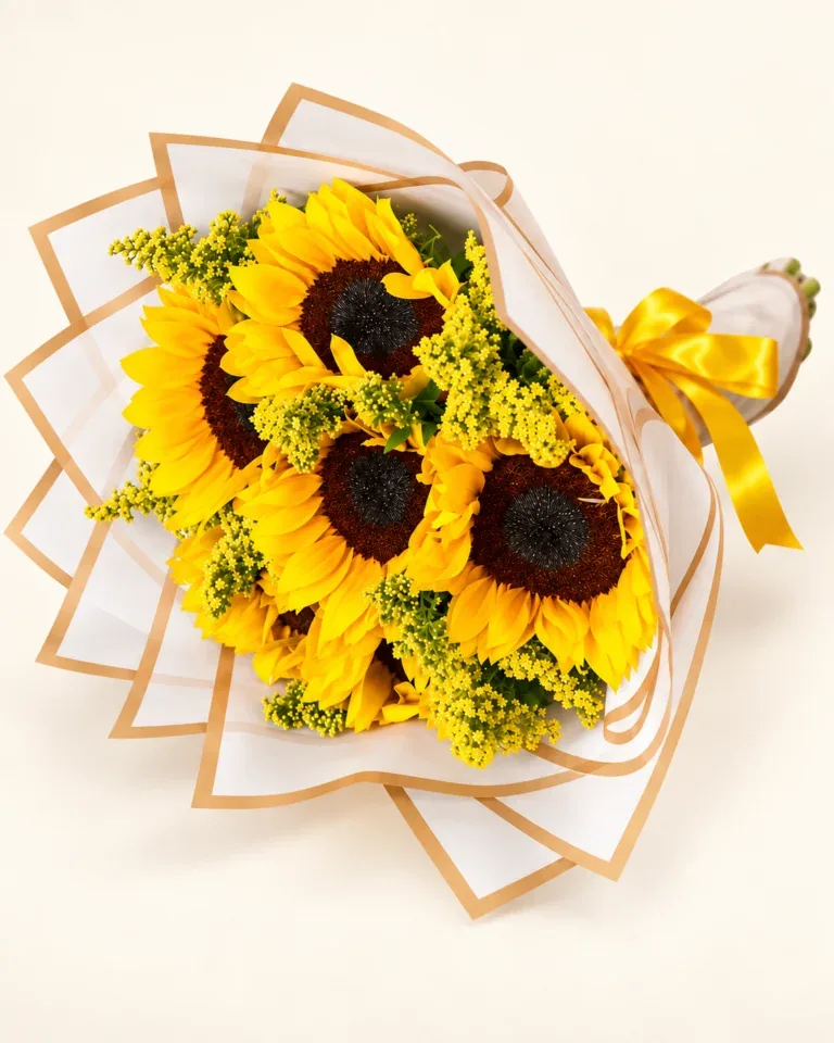 Bouquet de 6 girasoles con envoltura clara de bordes dorados y lazo amarillo en Pereira