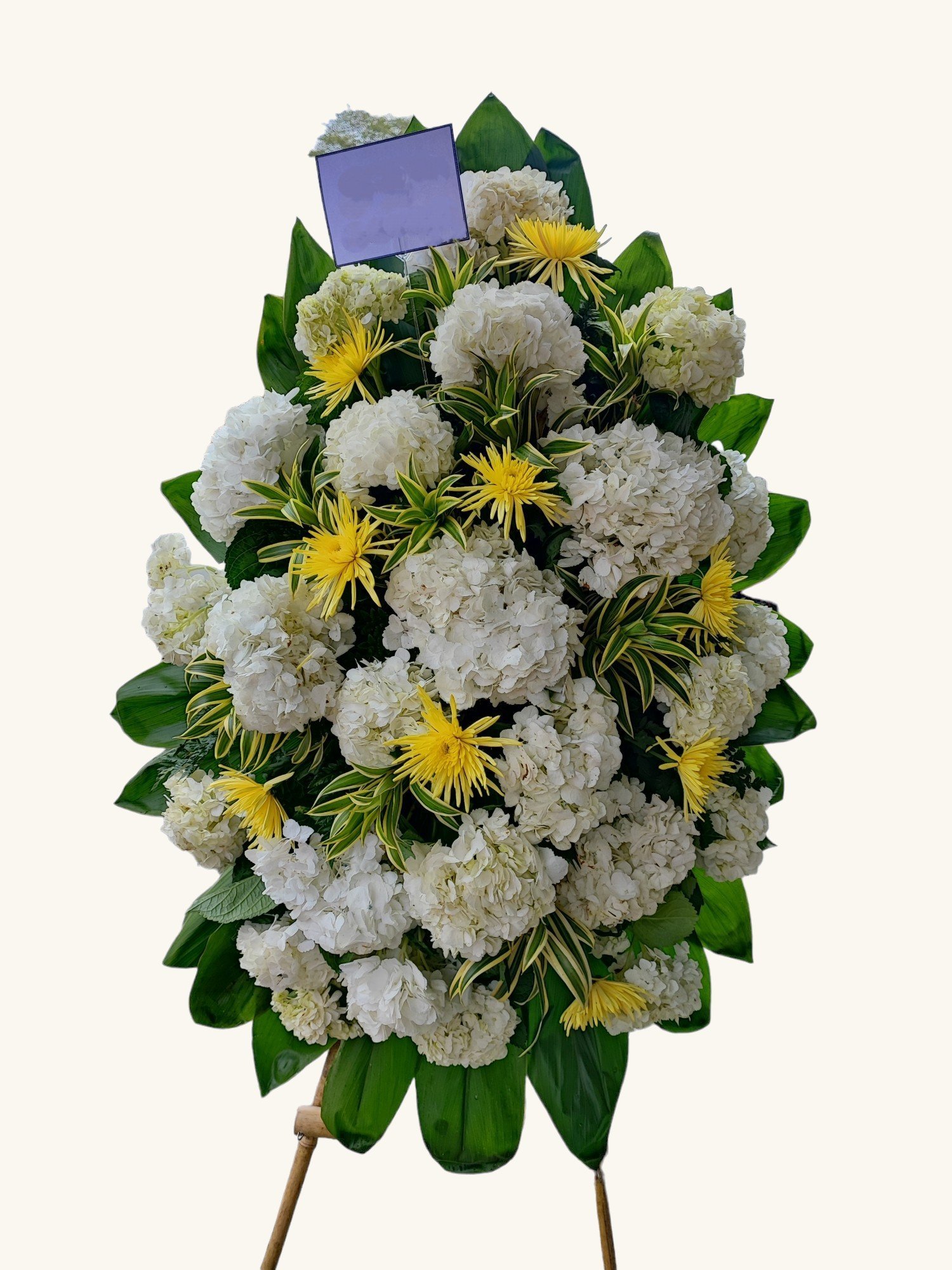 Ramo fúnebre de hortensias blancas y crisantemos amarillos para condolencias en Pereira